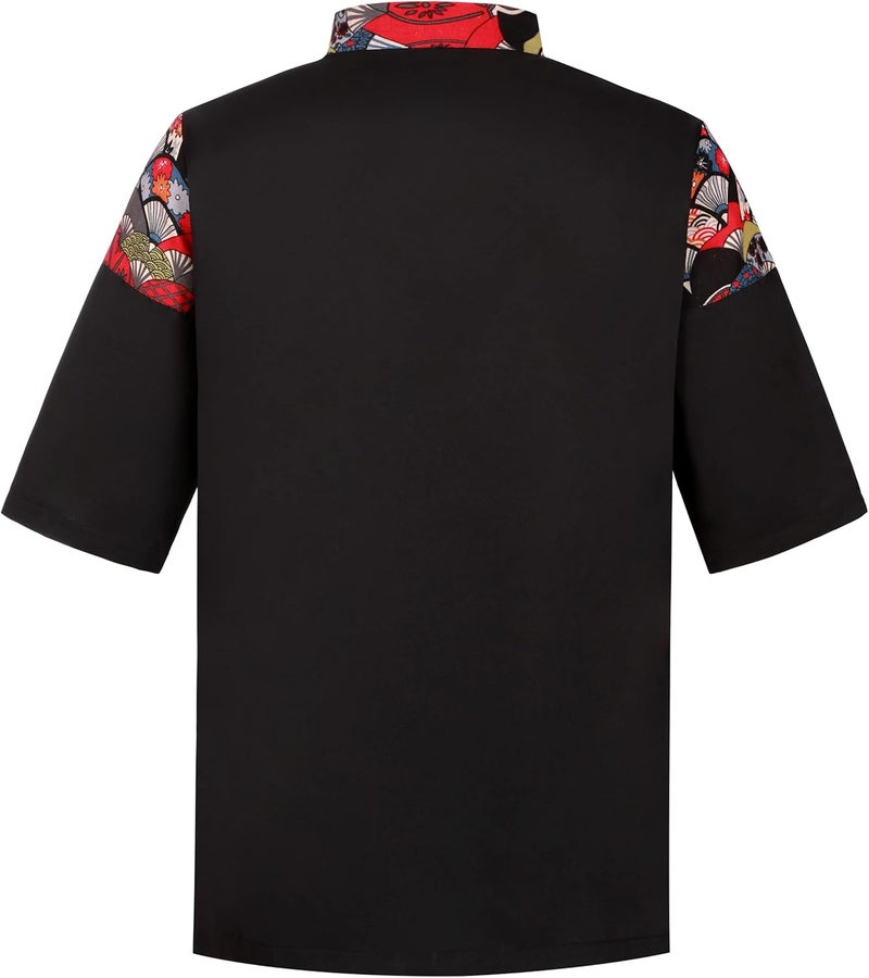 Flammegrill Store Unisex 3/4 Sleeve Black Sushi Chef Coat Kimono Cardigan Japanese Chef Uniform Red Patchwork Printed Chef Jacket - Image 2